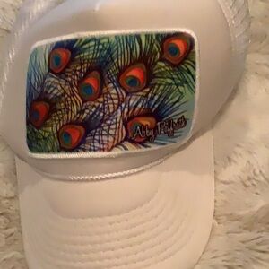 White Trucker Hat with Peacock Feather Design